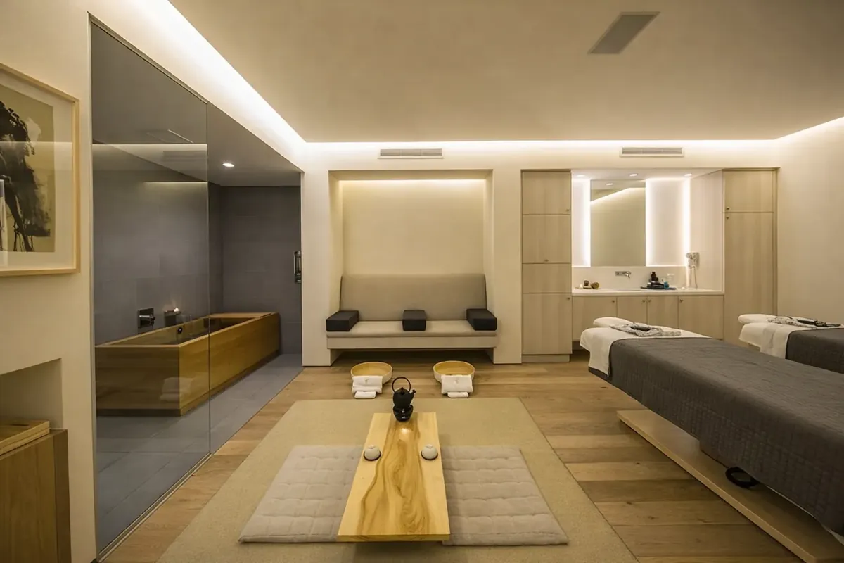 A private suite with a hinoki bath and two massage tables