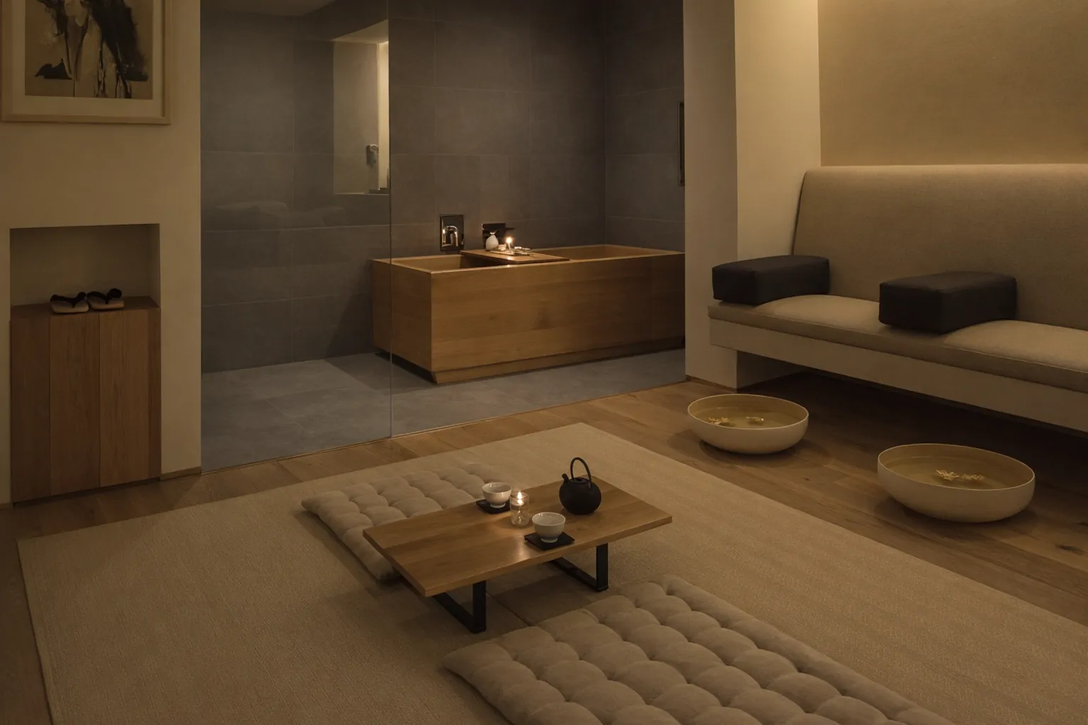 The couples suite by candlelight, with tea set out on a low table beside the foot basins